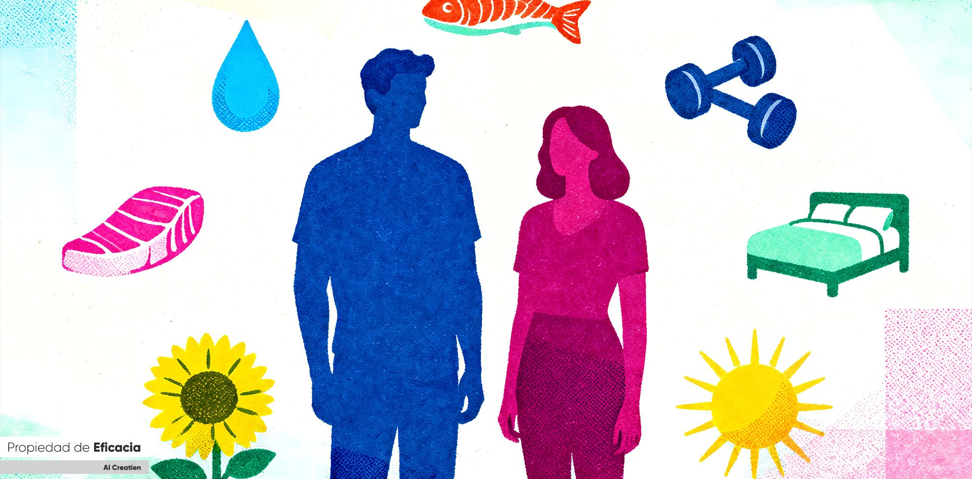 Una silueta sólida azul de un hombre de pie y, a su lado, una silueta sólida magenta de una mujer de pie. Están rodeados por una dispersión armónica de cinco elementos simples: iconos planos de colores sólidos que representan: una gota de agua, un filete de salmón (proteína), un par de mancuernas (ejercicio), una cama acogedora (sueño) y un sol brillante (energía).