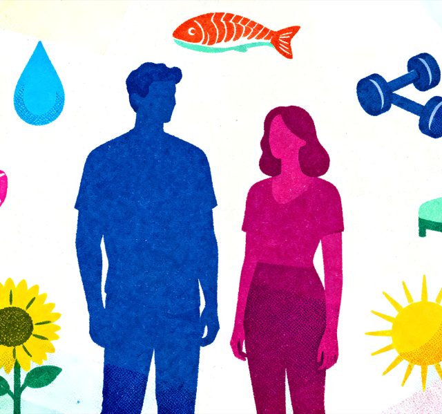 Una silueta sólida azul de un hombre de pie y, a su lado, una silueta sólida magenta de una mujer de pie. Están rodeados por una dispersión armónica de cinco elementos simples: iconos planos de colores sólidos que representan: una gota de agua, un filete de salmón (proteína), un par de mancuernas (ejercicio), una cama acogedora (sueño) y un sol brillante (energía).