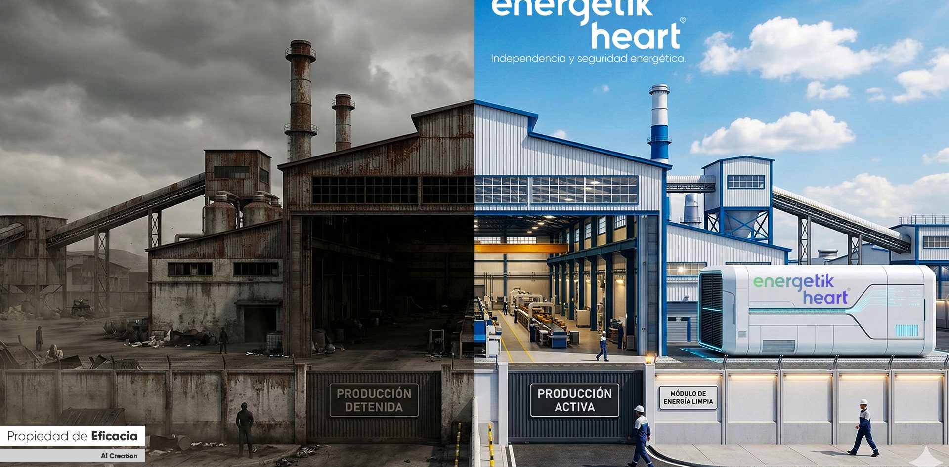 Imagen comparativa de una industria conectada a la red pública sin energía y con productividad detenida al lado izquierdo y al lado derecha conectada A Energetik Heart, sin parar su producción.