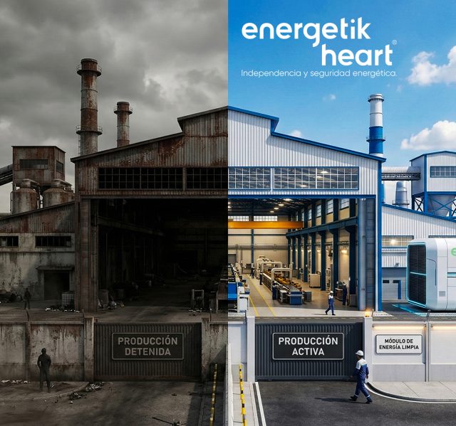 Imagen comparativa de una industria conectada a la red pública sin energía y con productividad detenida al lado izquierdo y al lado derecha conectada A Energetik Heart, sin parar su producción.