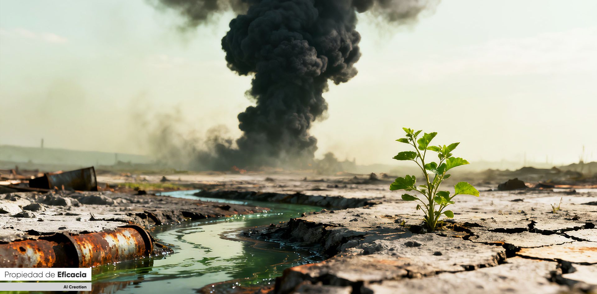 IMagen de una zona de post guerra desolado, en ese mismo paisaje se aprecia una pobre planta luchando por sobrevivir.