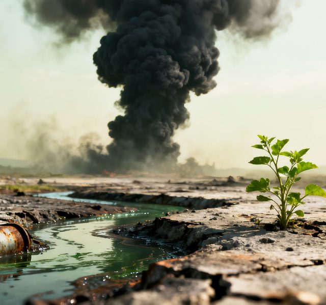 IMagen de una zona de post guerra desolado, en ese mismo paisaje se aprecia una pobre planta luchando por sobrevivir.