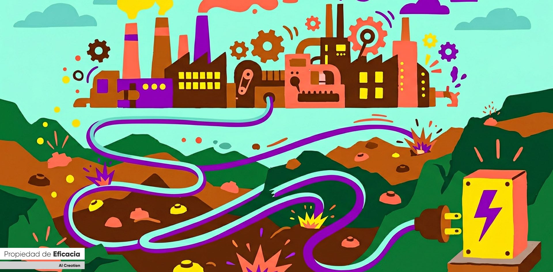 Ilustración de una industria conectada a una sola toma de energía y el cable de conexión pasa por un campo minado.