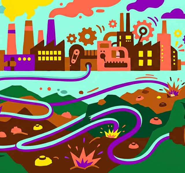 Ilustración de una industria conectada a una sola toma de energía y el cable de conexión pasa por un campo minado.
